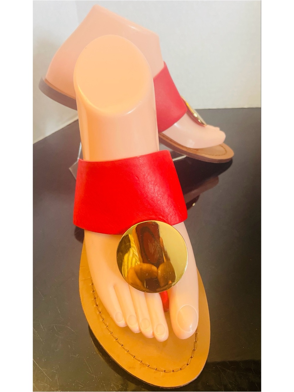 Tory Burch Patos Disk Thong Sandals, Brilliant Red Leather/ Gold Size 8M